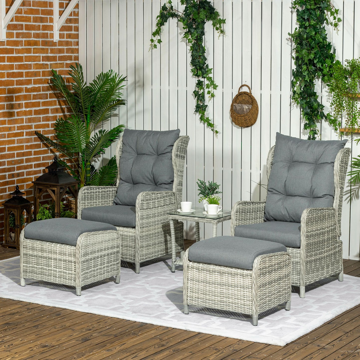 Outsunny 5 Pieces PE Rattan Sun Lounger Set, Outdoor Half-round Wicker Recliner Sofa Bed with Glass Top Two-tier Table and Footstools, Mixed Grey