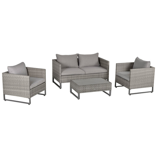 Outsunny 4-Seater PE Rattan Garden Furniture Wicker Dining Set w/ Glass Top Table, Cushions, Light Grey