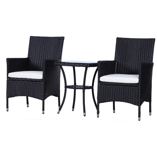 Outsunny Rattan Bistro Set, 3 Piece Garden Furniture with Weave Companion Chairs and Table, Conservatory Patio Set, Black