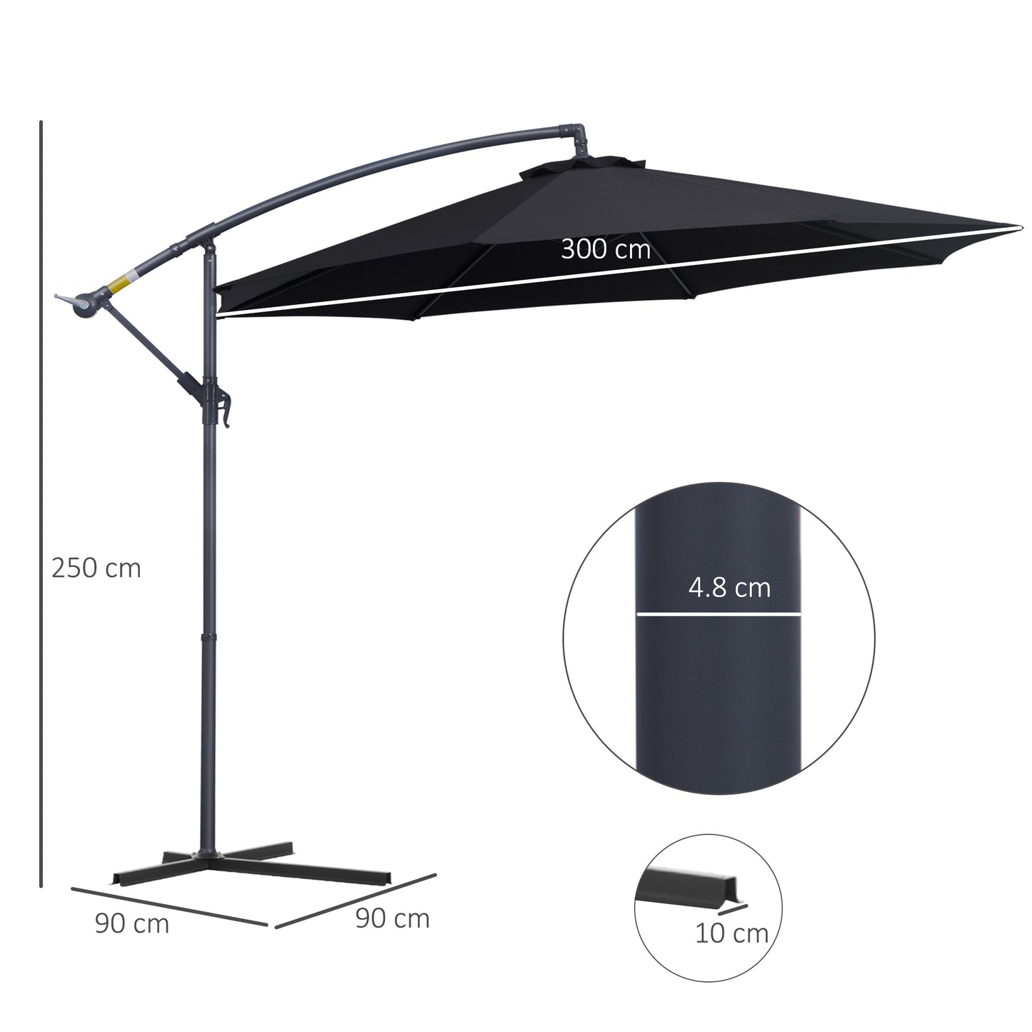 Outsunny 3(m) Garden Cantilever Parasol Patio Banana Hanging Umbrella Sun Shade with Crank & Tilt, 8 Ribs and Cross Base, Black