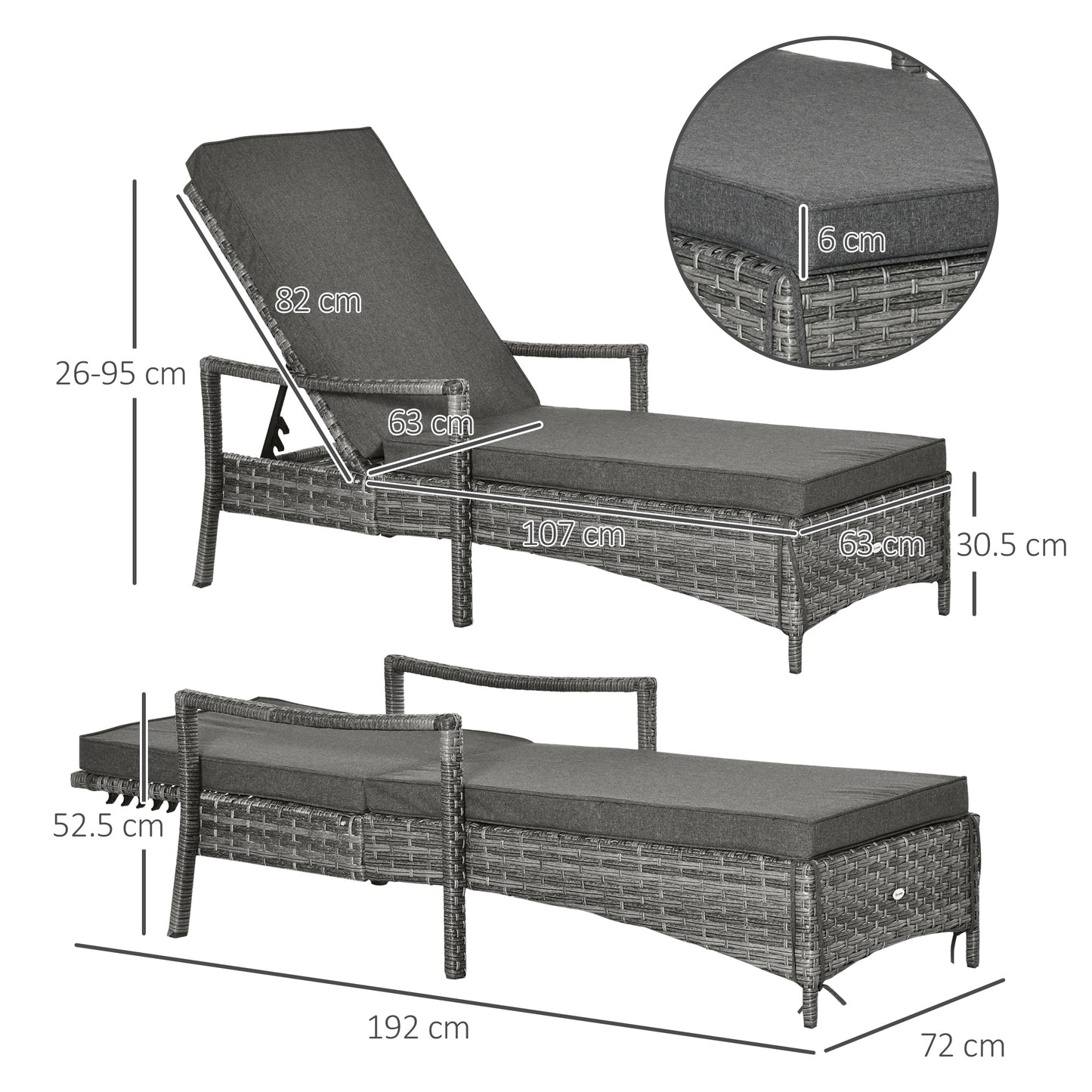 Outsunny Rattan Sun Lounger Garden Lounger Rattan Wicker w/ 4-Level Adjustable Headrest, 52.5H x 192L x 62.5W