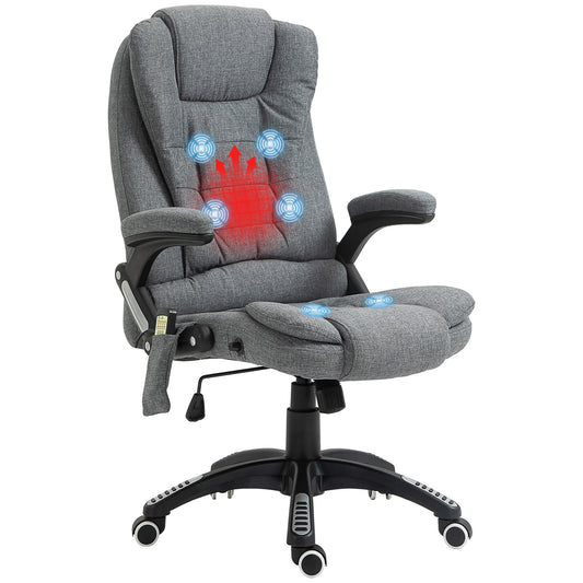 Vinsetto Massage Recliner Chair: Heated Office Seating with Six Massage Points, Linen-Feel Fabric, 360° Swivel Wheels, Grey