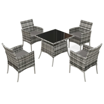 Outsunny Outdoor Dining Set 5 Pieces Patio Conservatory with Tempered Glass Tabletop, 4 Dining Armchairs - Grey