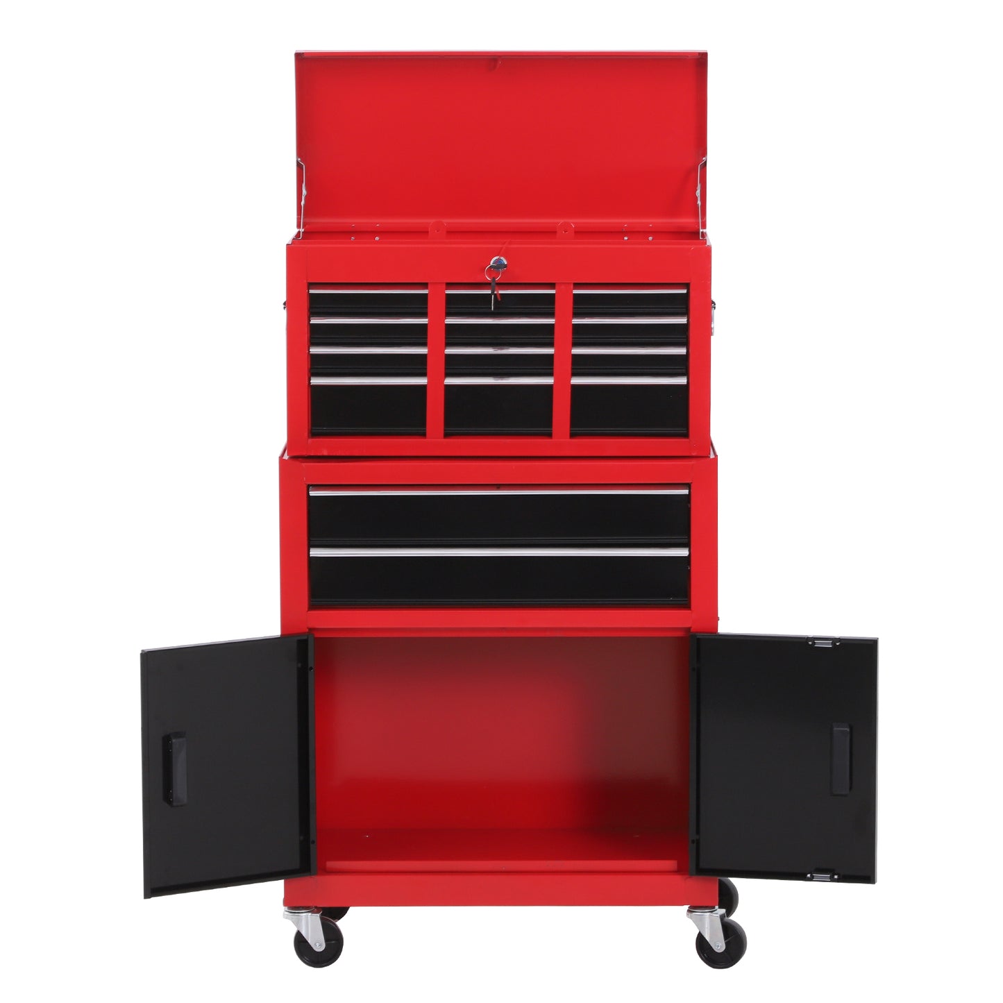 HOMCOM Tool Chest, Metal Tool Cabinet on Wheels with 6 Drawers, Pegboard, Top Chest and Roller Cabinet Combo, 61.6 x 33 x 108cm, Red