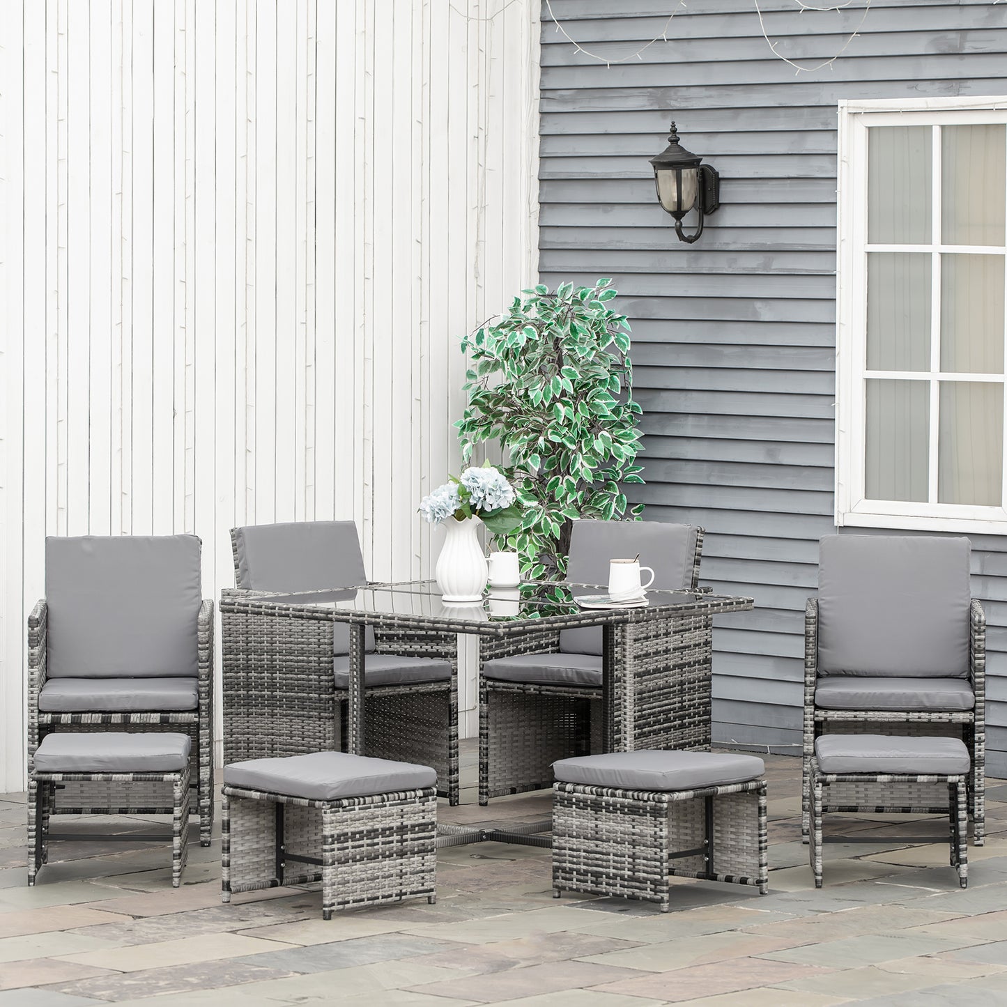 Outsunny 9PC Rattan Garden Furniture Outdoor Patio Dining Table Set Weave Wicker 8 Seater Stool Mixed Grey