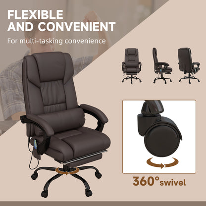 Vinsetto PU Leather Massage Office Chair, 6-Point with Swivel Wheels, Reclining with Footrest and Remote, Brown