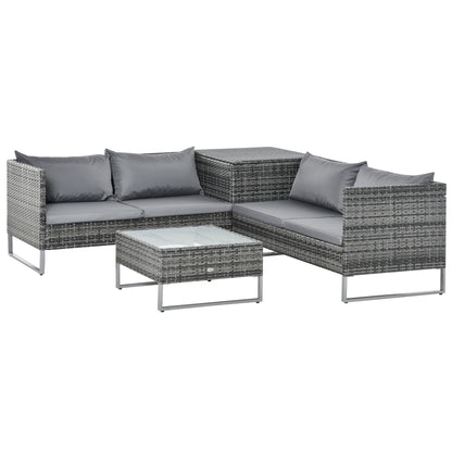 Outsunny 4 PCs Garden Rattan Wicker Outdoor Furniture Patio Corner Sofa Love Seat and Table Set  with Cushions Side Desk Storage - Mixed Grey