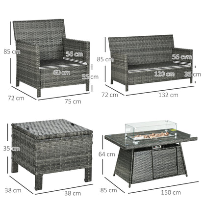 Outsunny 6-Seater Rattan Garden Furniture Set w/ Gas Fire Pit Table, Wicker Loveseat, 2 Armchairs and 2 Footstools, Grey