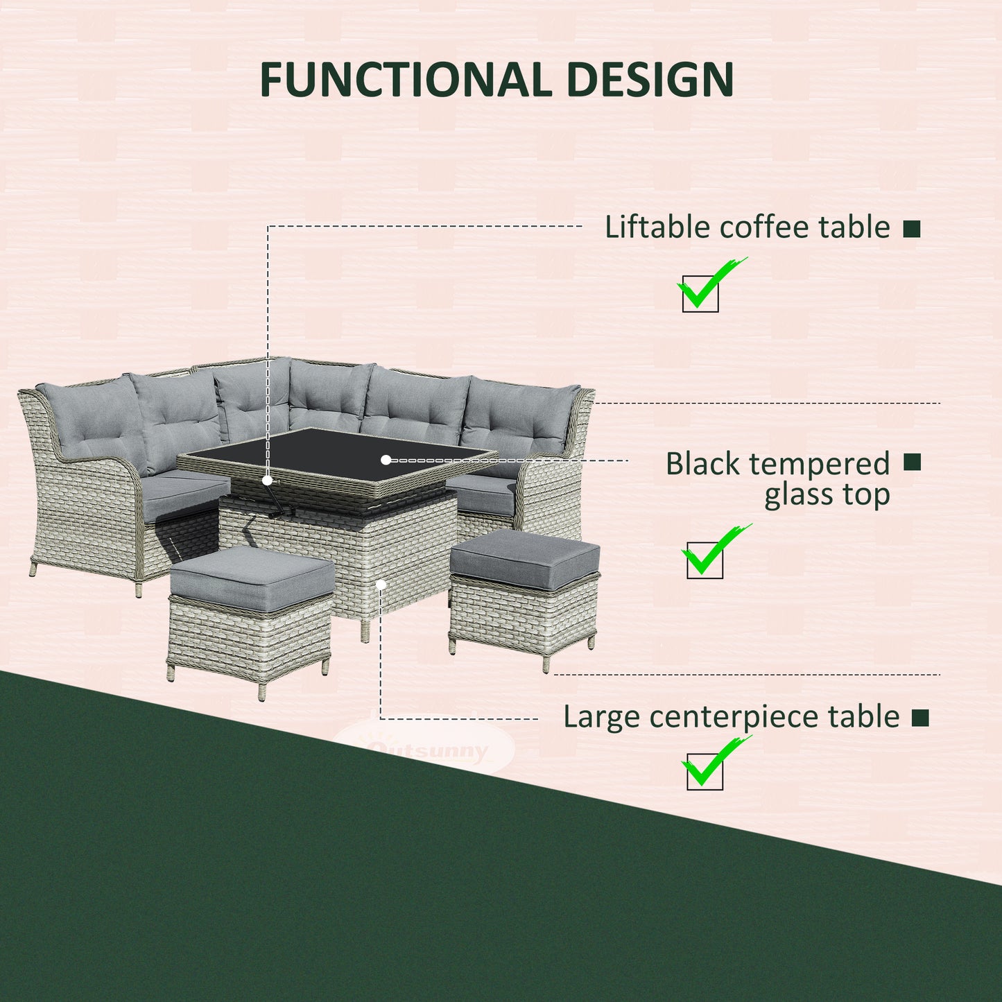 Outsunny 7-Seater Patio PE Rattan Corner Sofa w/ Adjustable Convertible Rising Table, Wicker Sectional Conversation Furniture w/ Cushions, Grey