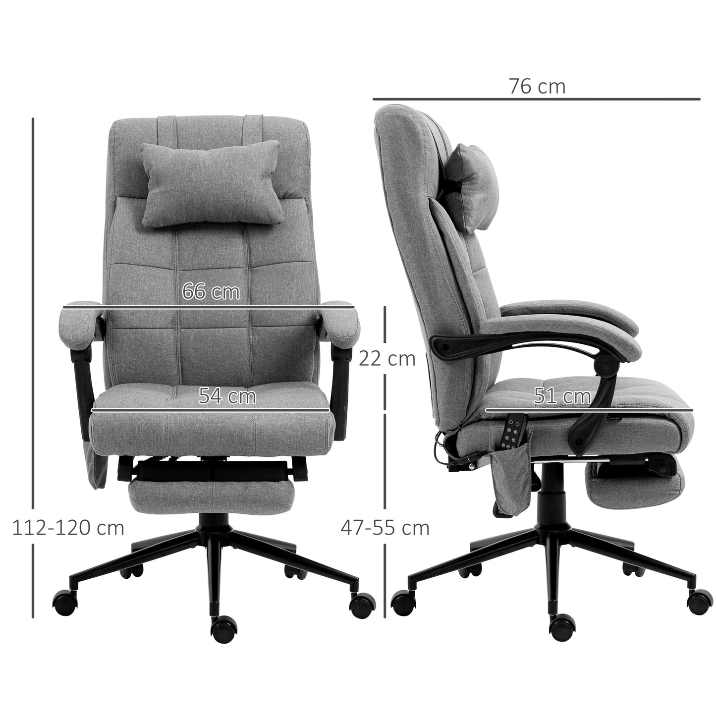 Vinsetto Massage and Heat Office Chair, Fabric, with Head Pillow, Footrest, Reclining Back, Grey