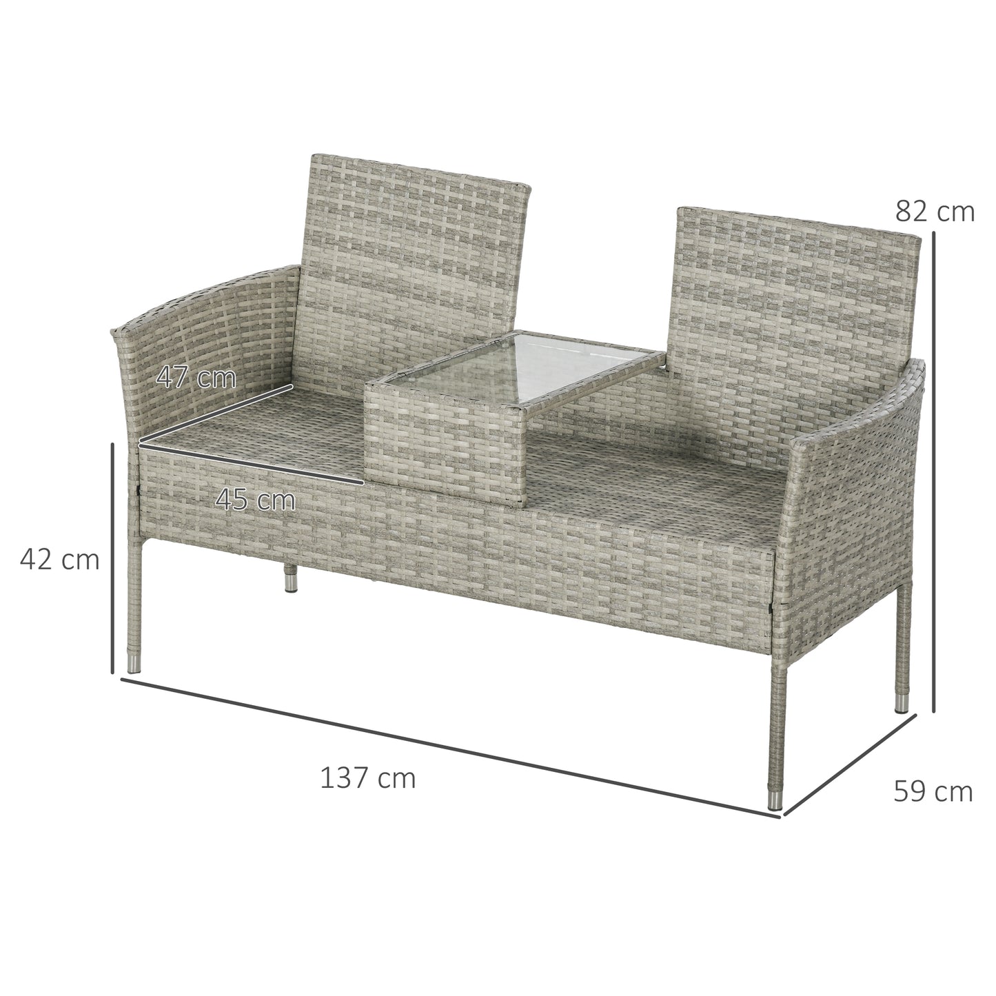 Outsunny Two-Seat Rattan Chair, with Middle Table - Mixed Grey