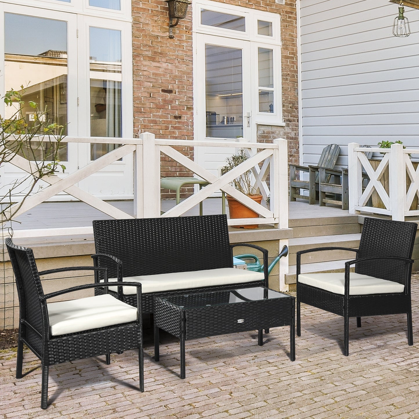 Outsunny Rattan 4-Seater Garden Furniture Set, Outdoor Patio Wicker Chairs and Table, Black and Cream