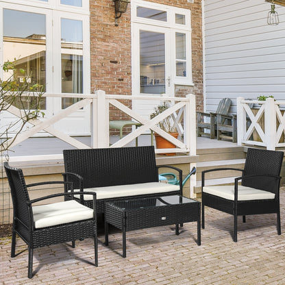 Outsunny Rattan 4-Seater Garden Furniture Set, Outdoor Patio Wicker Chairs and Table, Black and Cream