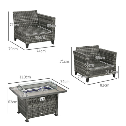 Outsunny 5-Piece Rattan Patio Furniture Set with Gas Fire Pit Table, Loveseat Sofa, Armchairs, Cushions, Pillows, Grey