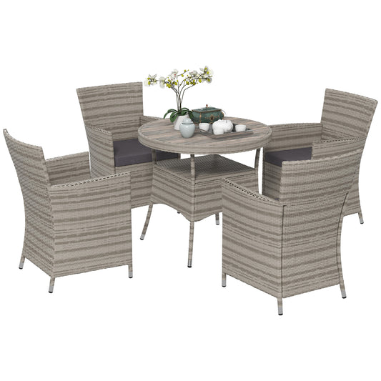 Outsunny Rattan Dining Set: 5 Piece Suite with Cushions & Slatted Table, Ideal for Patio, Lawn, Balcony, Grey