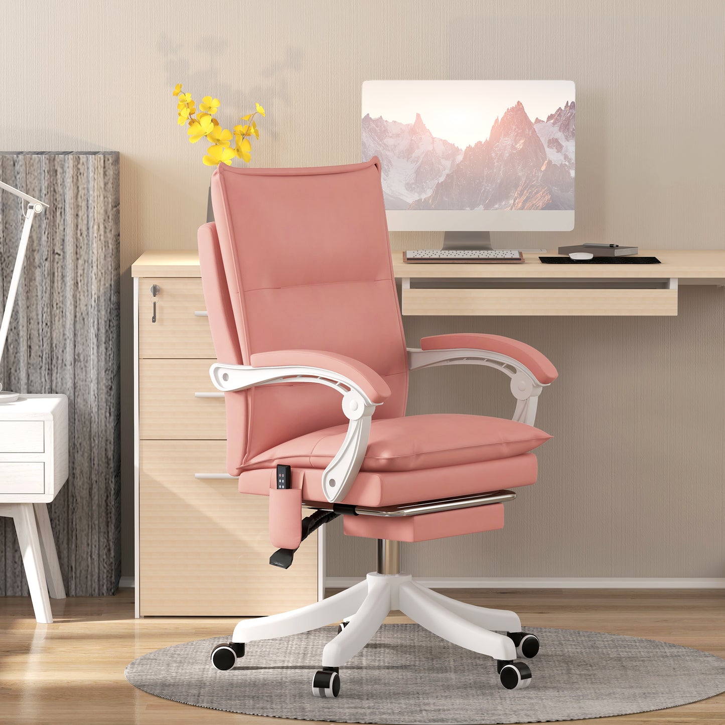 Vinsetto Vibration Massage Office Chair w/ Heat, Faux Leather Computer Chair w/ Footrest, Armrest, Reclining Back, Double-tier Padding Pink