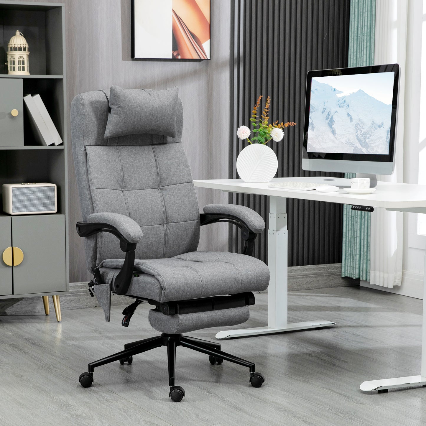 Vinsetto Massage and Heat Office Chair, Fabric, with Head Pillow, Footrest, Reclining Back, Grey