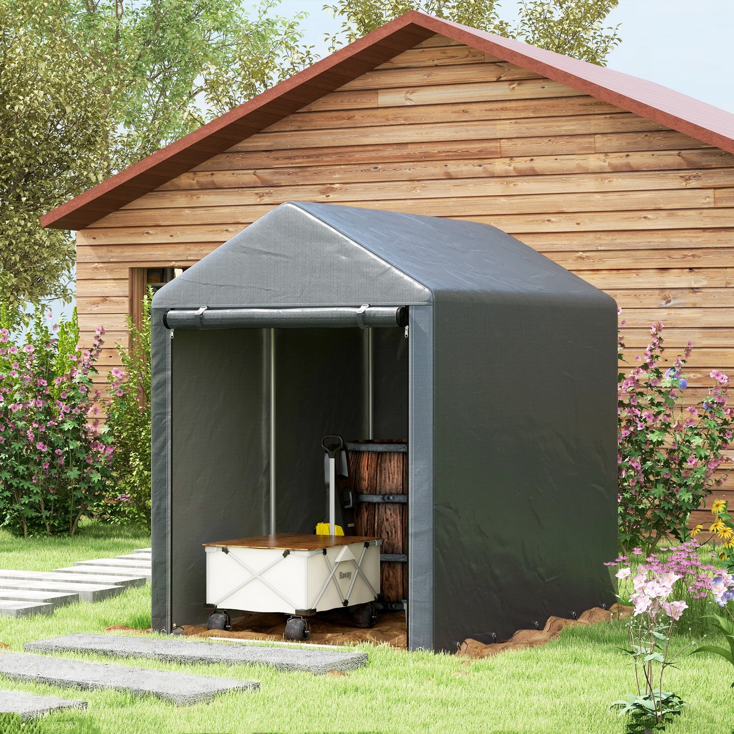 Outsunny 1.2 x 1.8m Garden Storage Shed Tent, Portable Shed with Roll-up Door for Motorcycle, Bike, Garden Tools