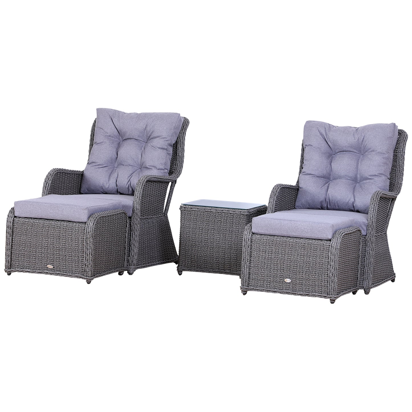 Outsunny 2 Seater Deluxe Garden Rattan Furniture Sofa Chair & Stool Table Set Patio Wicker Weave Furniture Set Aluminium Frame Fully-assembly - Grey