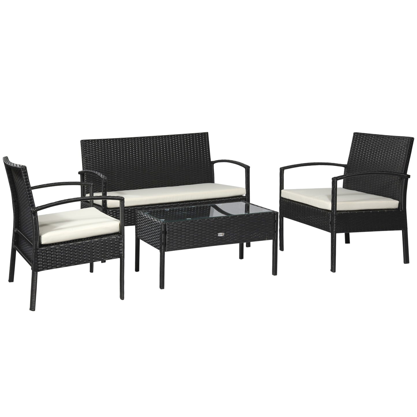 Outsunny Rattan 4-Seater Garden Furniture Set, Outdoor Patio Wicker Chairs and Table, Black and Cream