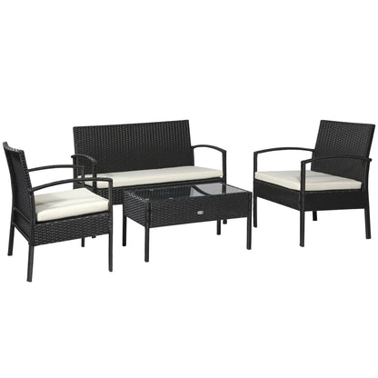 Outsunny Rattan Garden Lounge Set: 4-Seater Wicker Sofa & Table, Outdoor Patio Furniture, Monochrome Black & Cream