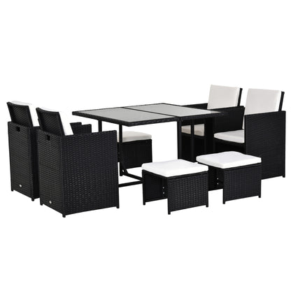 Outsunny 9PC Garden Rattan Dining Set Outdoor Patio Dining Table Set Weave Wicker 8 Seater Stool Black