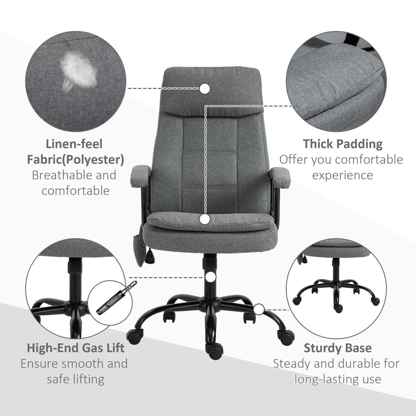 Vinsetto Office Chair w/ 2-Point Massage, Linen-Look Fabric, Ergonomic, Adjustable Height, 360° Swivel, 5 Castor Wheels, Rocking Function