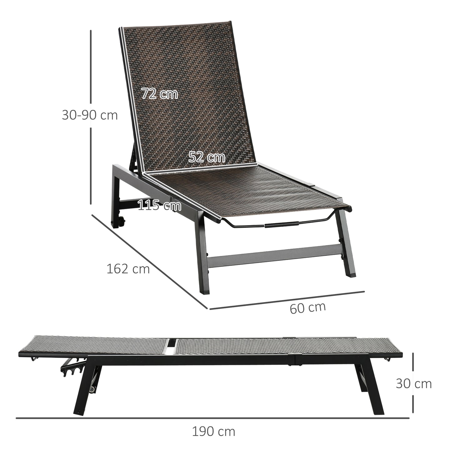 Outsunny Outdoor PE Rattan Sun Loungers, Patio Wicker Chaise Lounge Chair with 5-Position Backrest, Wheels for Sun Room, Garden, Poolside, Brown