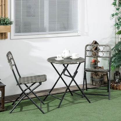 Outsunny Handwoven Rattan Bistro Set: 3-Piece Folding Chairs & Table, Coffee Set for Garden, Balcony & Poolside, Grey