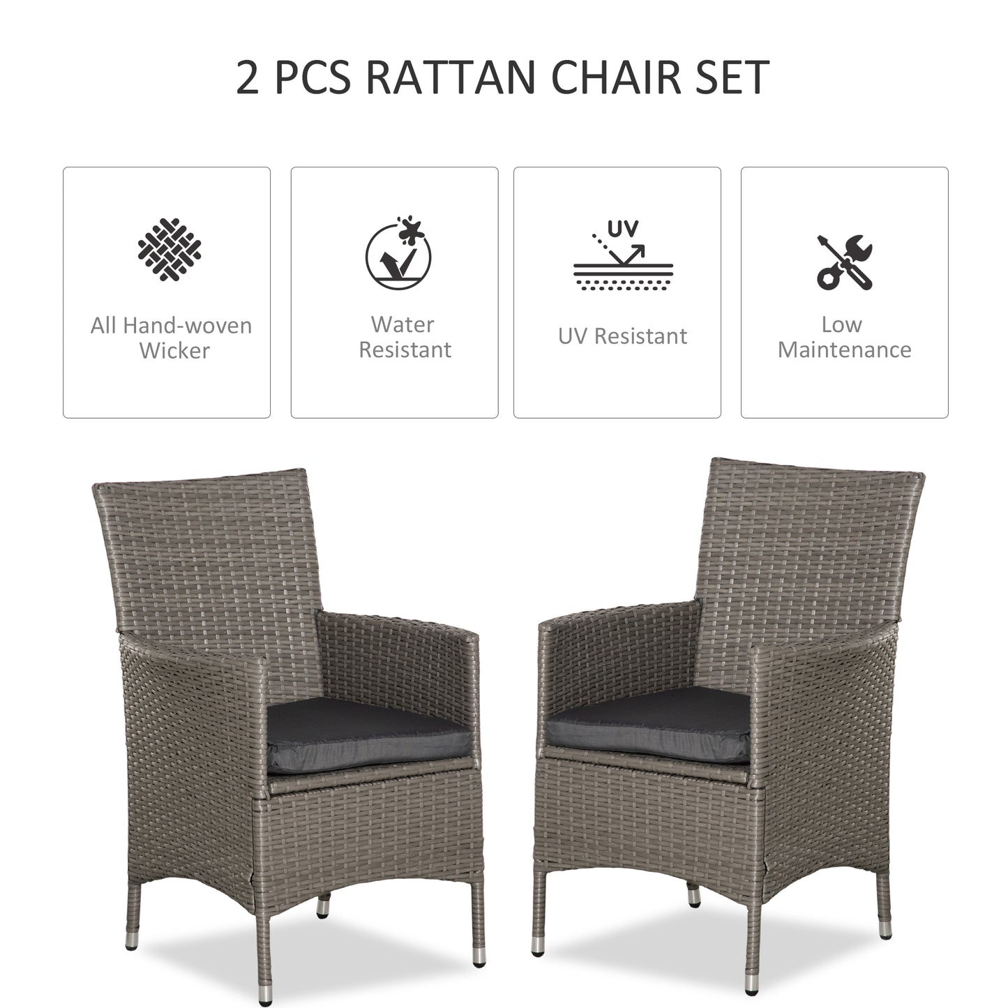 Outsunny 2 Seater Outdoor Rattan Armchair Dining Chair Garden Patio Furniture w/ Armrests Cushions Grey