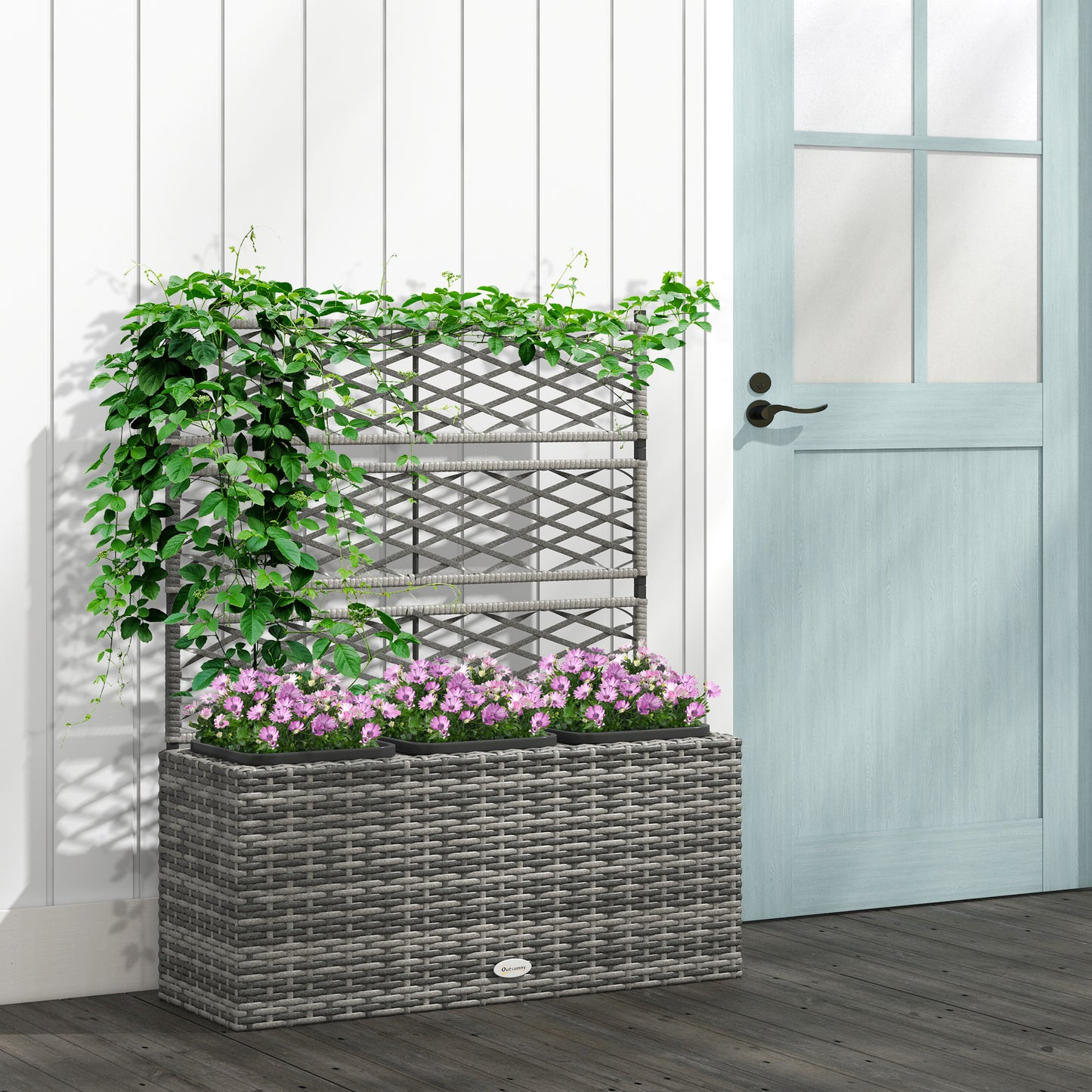 Outsunny Rattan Planter with Trellis: Freestanding Flower Bed for Climbing Plants, Light Grey, 84 x 30 x 107cm