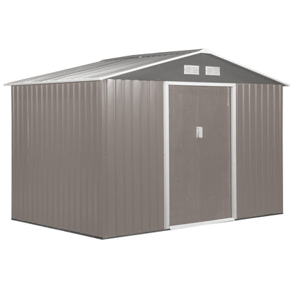 Outsunny 9 x 6 ft Metal Garden Storage Shed Sloped Roof Tool House with Foundation Ventilation & Double Door, Grey