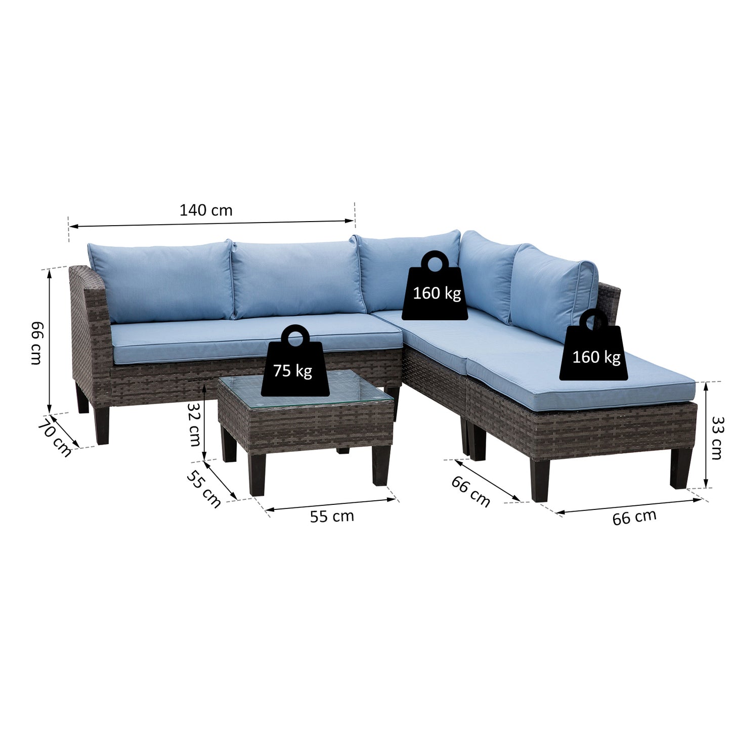 Outsunny 4-Seater Rattan Garden Furniture Corner Sofa Set w/ 2 Seats Footstool Square Glass Top Coffee Table Thick Blue Cushions Solid Legs - Grey