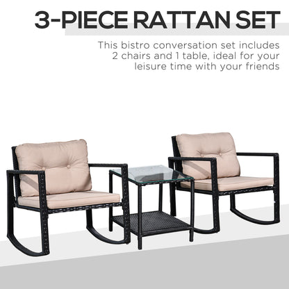 Outsunny 2 Seater Rattan Rocking Set Patio Bistro Table Chairs Conversation w/ Cushion