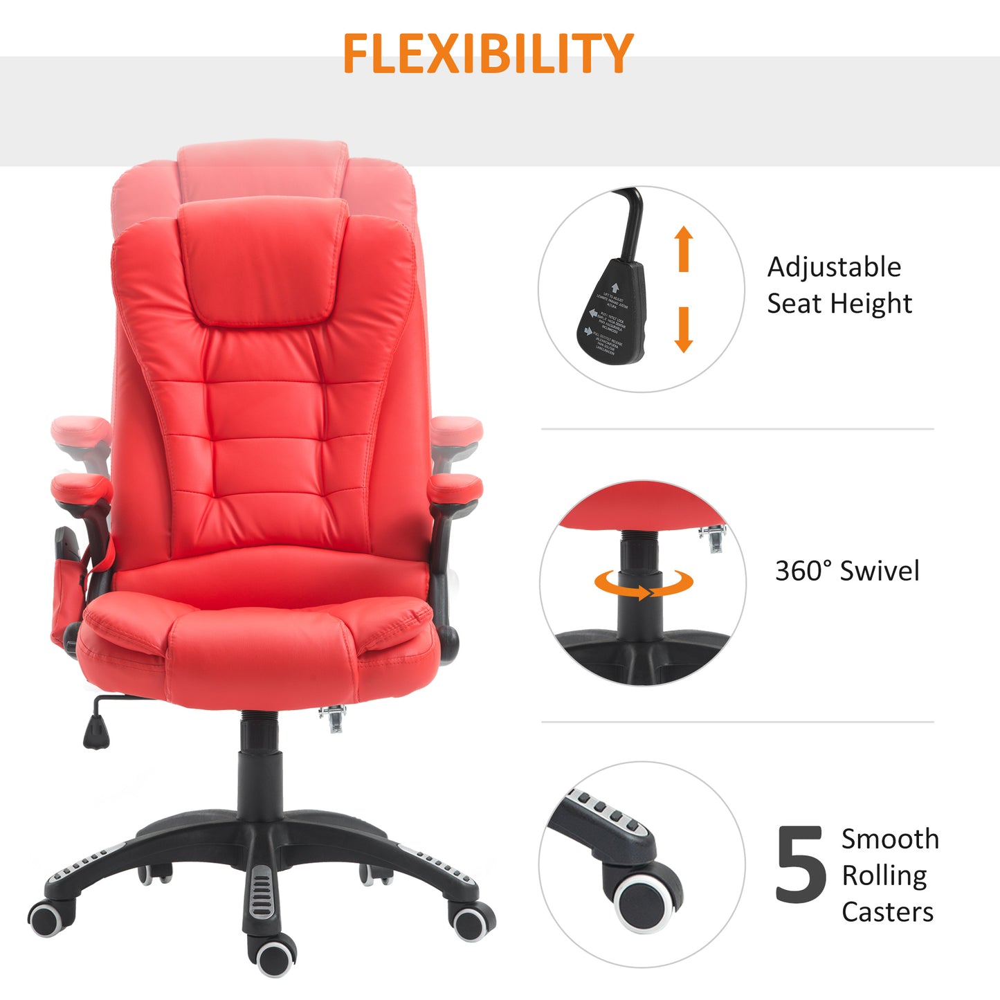 HOMCOM Ergonomic Chair with Massage and Heat, High Back PU Leather Massage Office Chair With Tilt and Reclining Function, Red