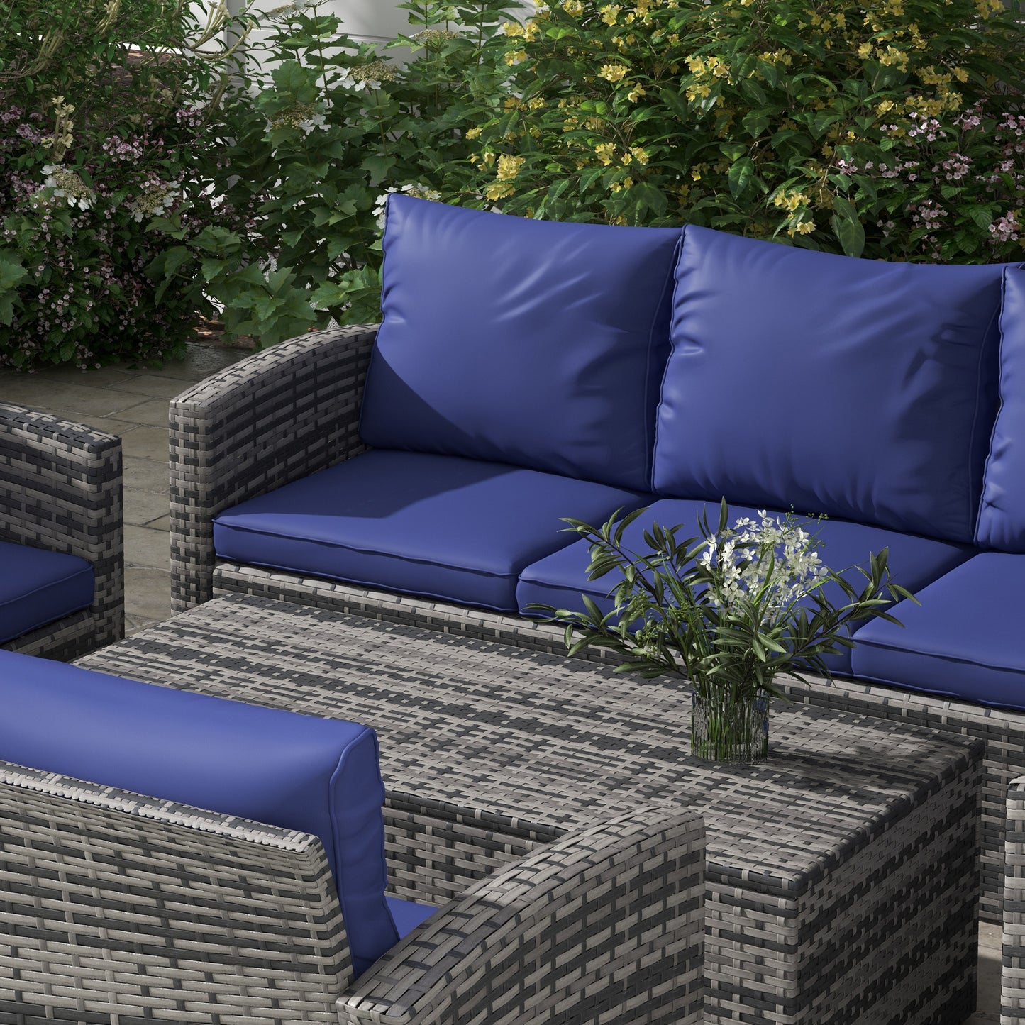 Outsunny 6 Pieces Outdoor Rattan Wicker Sofa Set Sectional Patio Conversation Furniture Set w/ Storage Table & Cushion Navy Blue