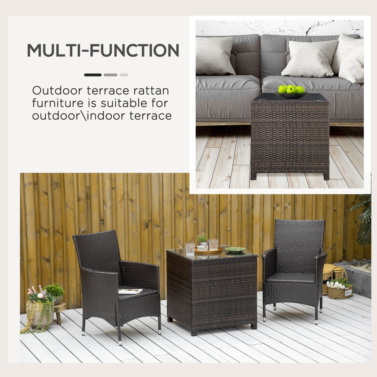 Outsunny Rattan Side Table for Garden Patio, Durable Frame with Tempered Glass Top, Weather-Resistant, Brown