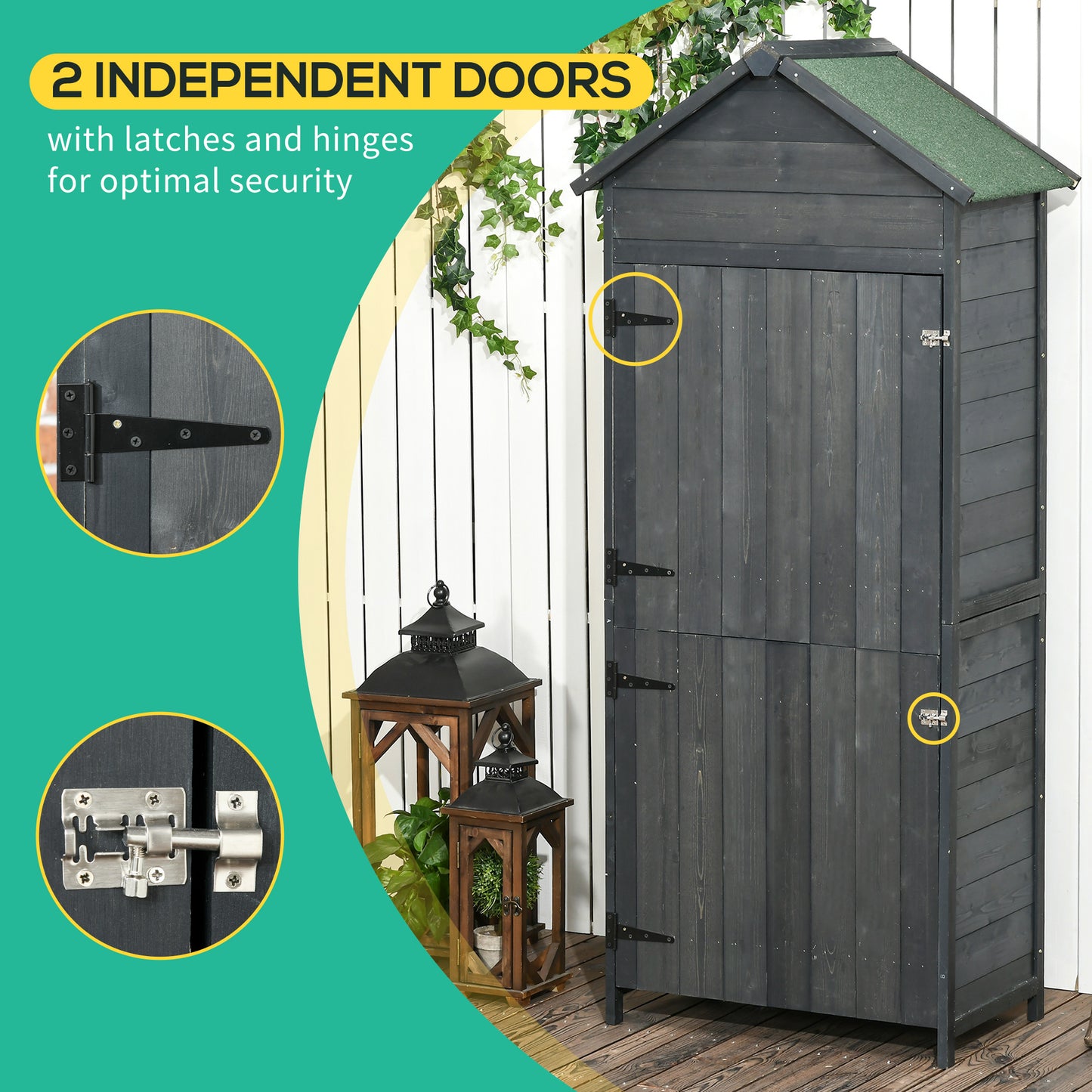 OutsunnyGarden Storage 4-Tier Wooden Garden Outdoor Shed 3 Shelves Utility Gardener Cabinet Lockable 2 Doors - Grey