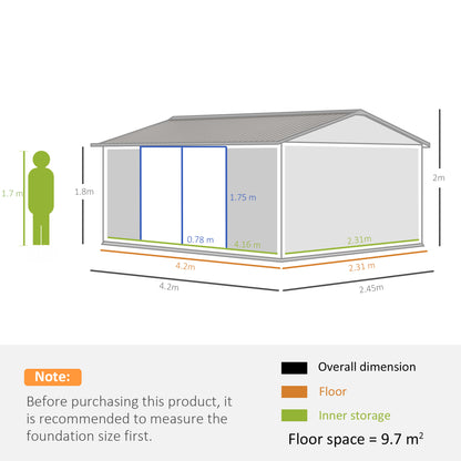 Outsunny 14 x 9 ft Lockable Garden Shed Large Patio Roofed Tool Metal Storage Building Foundation Sheds Box Outdoor Furniture, Grey