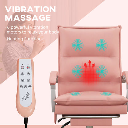 Vinsetto Vibration Massage Office Chair w/ Heat, Faux Leather Computer Chair w/ Footrest, Armrest, Reclining Back, Double-tier Padding Pink