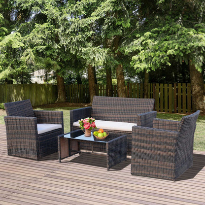 Outsunny Rattan Garden Sofa Set, 4-Seater, Outdoor Patio Wicker Weave, 2-Seater Bench, Chairs & Coffee Table, Brown