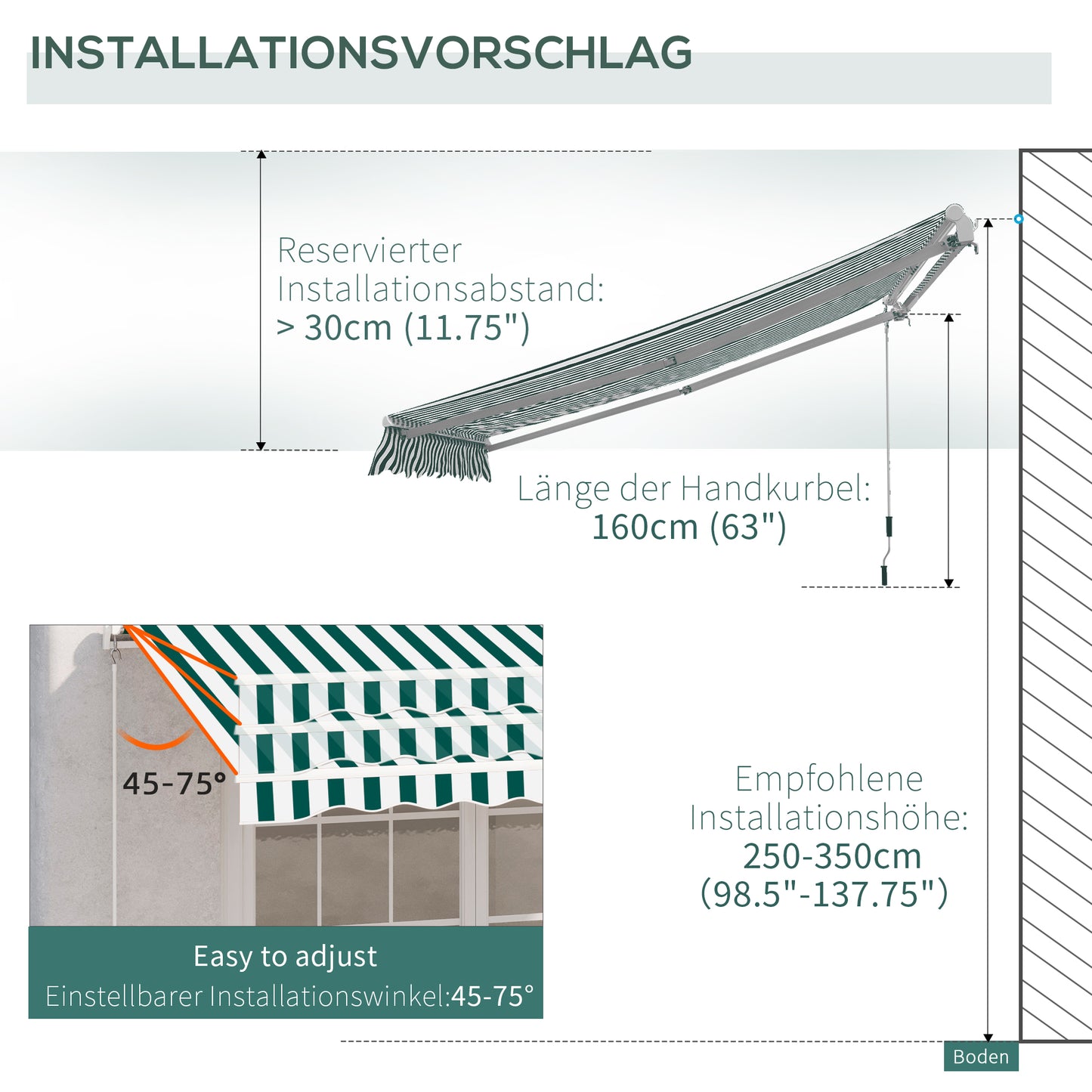 Outsunny 3mx2.5m Garden Patio Manual Awning Canopy Sun Shade Shelter with Winding Handle Retractable - Green/White