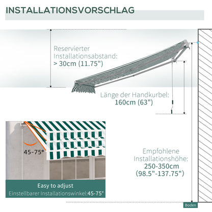 Outsunny 3mx2.5m Garden Patio Manual Awning Canopy Sun Shade Shelter with Winding Handle Retractable - Green/White