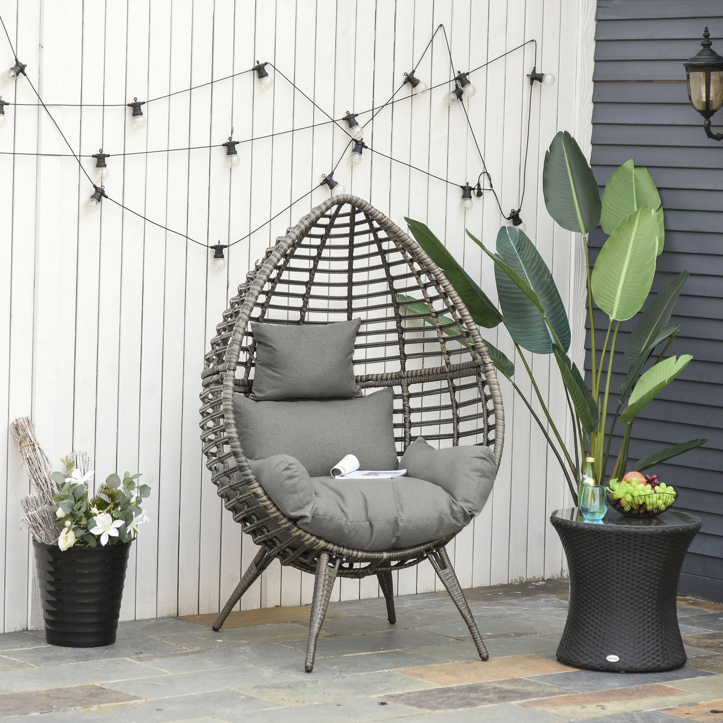 Outsunny Outdoor Indoor Rattan Egg Chair Wicker Weave Teardrop Chair with Cushion Grey