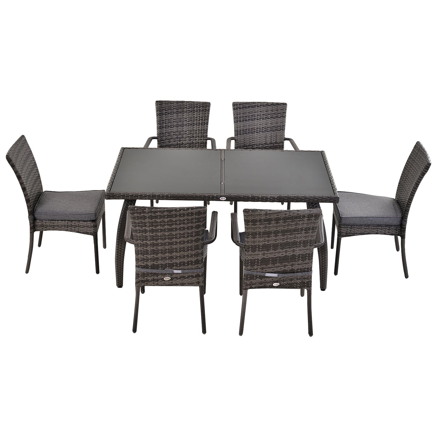 Outsunny 6-Seater Garden Dining Set Steel Frame PE Rattan Wicker w/ 6 Chairs Large Table Glass Top Curved Legs Feet Pads Thick Cushions Suitable Grey