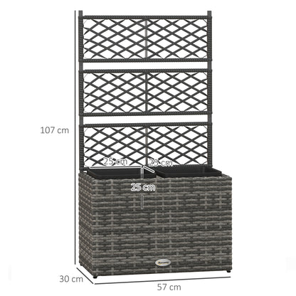 Outsunny 22L Garden PE Rattan Planter w/ Trellis, Free Standing Flower Raised Bed w/ 2 Plant Boxes for Climbing Plants, 57x30x107 cm, Mixed Grey